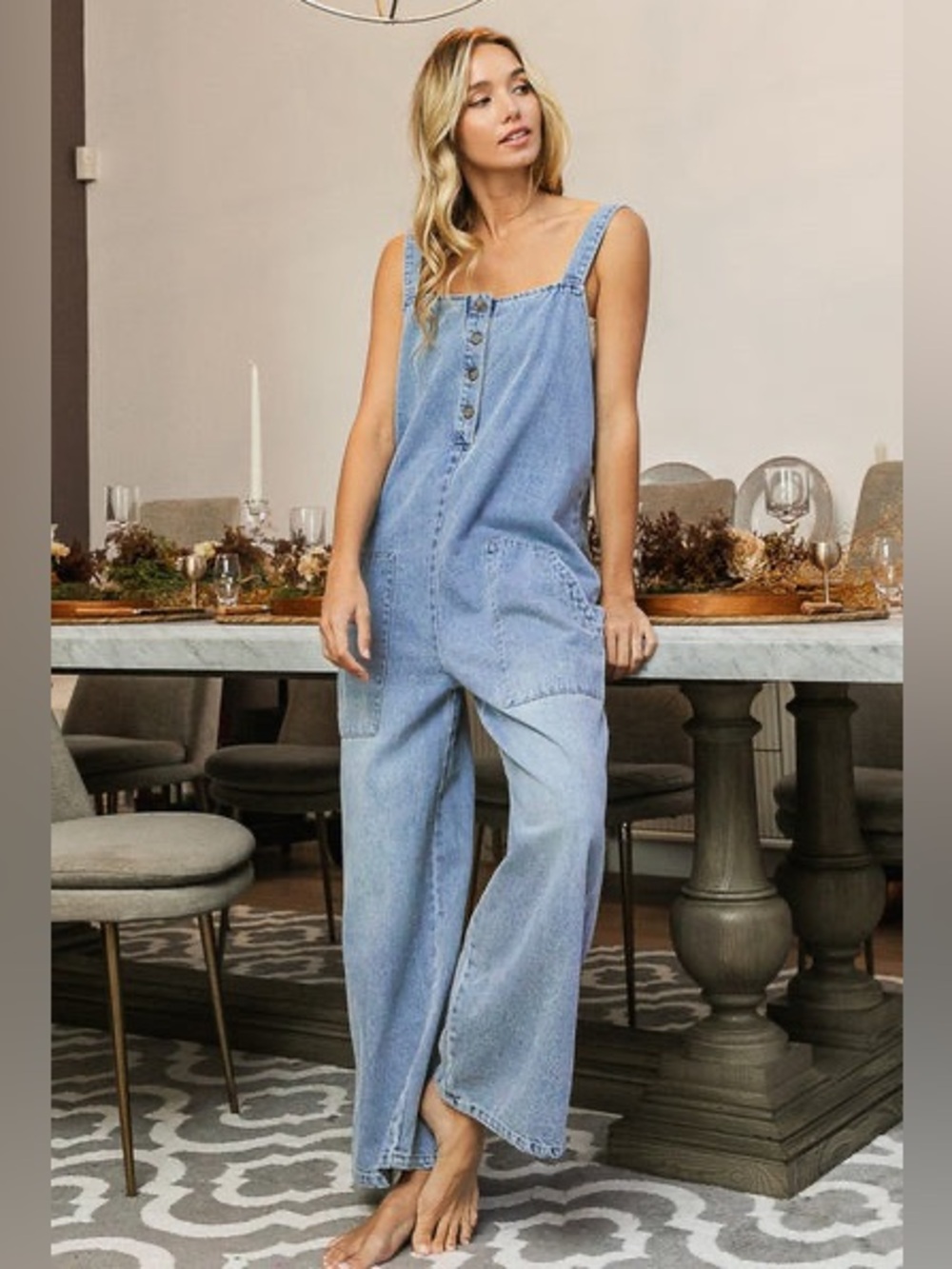 NEW WASHED DENIM BUTTON FRONT OVERALL JUMPSUIT WITH POCKETS
